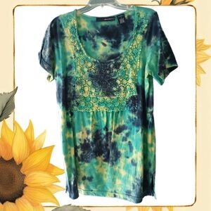 Tied Dye Blue Green Yellow Top Tunic Size 14 Small in Women's Plus